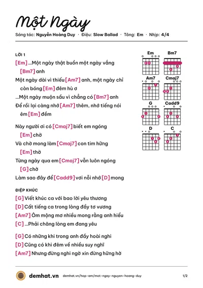 Hợp âm Một Ngày (Yến Nhi) – bản nhạc PDF trang 1, tông Em