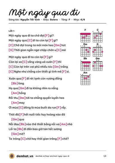 Hợp âm Một ngày qua đi (Nguyễn Tất Vịnh) – bản nhạc PDF trang 1, tông F