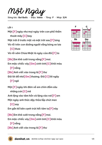 Hợp âm Một Ngày (Quí Quốc) – bản nhạc PDF trang 1, tông F