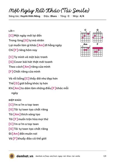 Hợp âm Một Ngày Rất Khác (Tài Smile) (Bích Ngọc) – bản nhạc PDF trang 1, tông C