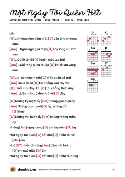 Hợp âm Một Ngày Tôi Quên Hết (Cẩm Vân) – bản nhạc PDF trang 1, tông G