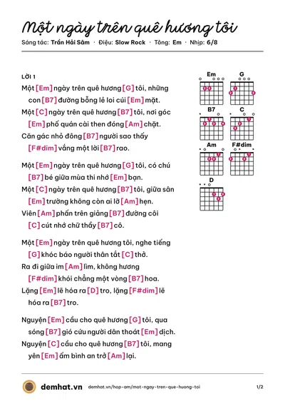 Hợp âm Một ngày trên quê hương tôi (Trần Thu Hà) – bản nhạc PDF trang 1, tông Em