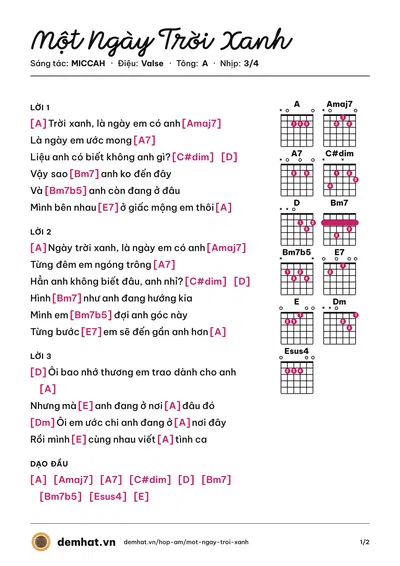 Hợp âm Một Ngày Trời Xanh (MICCAH) – bản nhạc PDF trang 1, tông A