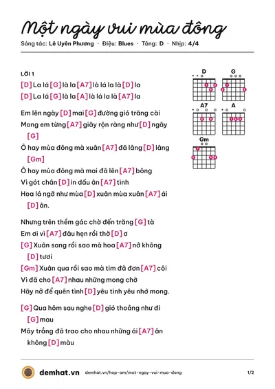 Hợp âm Một ngày vui mùa đông (Trần Thái Hòa) – bản nhạc PDF trang 1, tông D