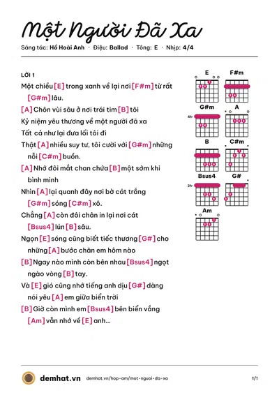 Hợp âm Một Người Đã Xa (Minh Hằng) – bản nhạc PDF trang 1, tông E