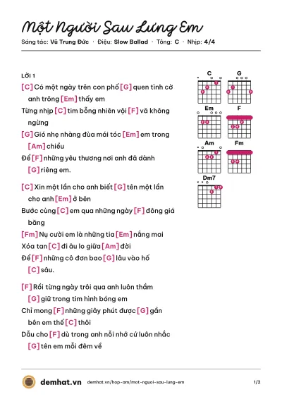 Hợp âm Một Người Sau Lưng Em (Kaishi) – bản nhạc PDF trang 1, tông C