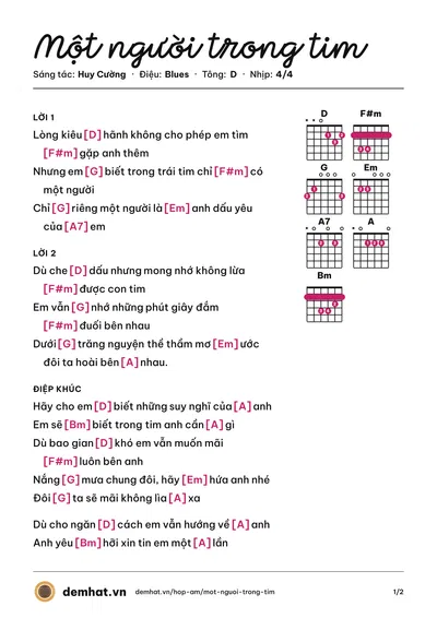 Hợp âm Một người trong tim (Huy Cường) – bản nhạc PDF trang 1, tông D