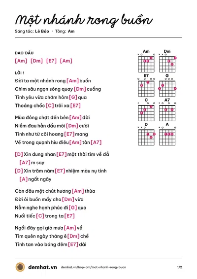 Hợp âm Một nhánh rong buồn (Tuấn Ngọc) – bản nhạc PDF trang 1, tông Am