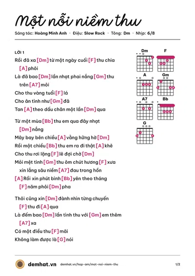 Hợp âm Một nỗi niềm thu (Hoàng Minh Anh) – bản nhạc PDF trang 1, tông Dm