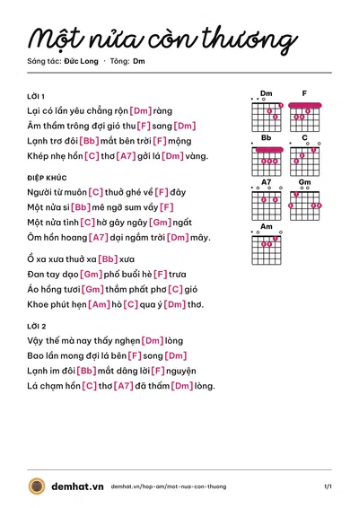 Hợp âm Một nửa còn thương (Trọng Khải) – bản nhạc PDF trang 1, tông Dm