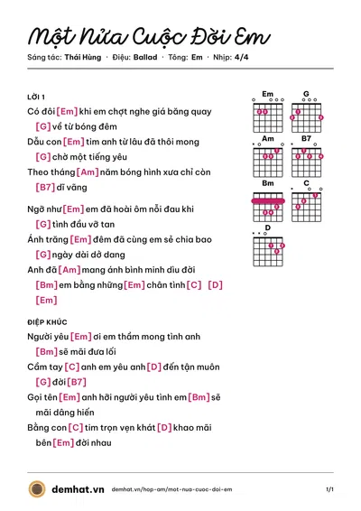 Hợp âm Một Nửa Cuộc Đời Em (Chic Quỳnh) – bản nhạc PDF trang 1, tông Em