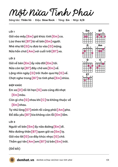 Hợp âm Một Nửa Tình Phai (Thiên Vũ) – bản nhạc PDF trang 1, tông Em