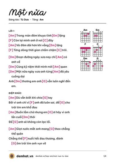 Hợp âm Một nửa (Tú Dưa) – bản nhạc PDF trang 1, tông Am