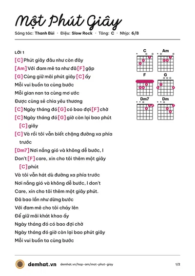 Hợp âm Một Phút Giây (Hoàng Yến Chibi) – bản nhạc PDF trang 1, tông C