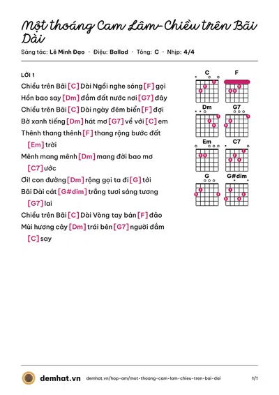 Hợp âm Một thoáng Cam Lâm-Chiều trên Bãi Dài (Thu Hà) – bản nhạc PDF trang 1, tông C