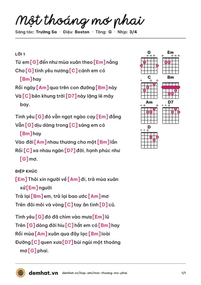 Hợp âm Một thoáng mơ phai (Trần Thái Hòa) – bản nhạc PDF trang 1, tông G