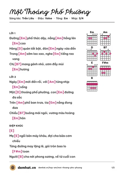 Hợp âm Một Thoáng Phố Phường (Trần Liêu) – bản nhạc PDF trang 1, tông Em