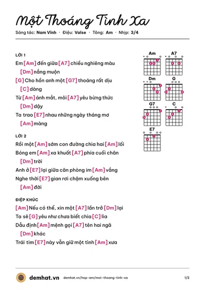 Hợp âm Một Thoáng Tình Xa (Tuấn Khoa) – bản nhạc PDF trang 1, tông Am