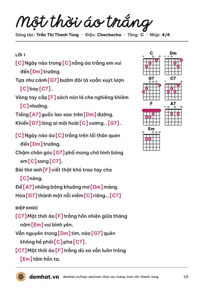 Hợp âm Một thời áo trắng (Thái Hòa) – bản nhạc PDF trang 1, tông C