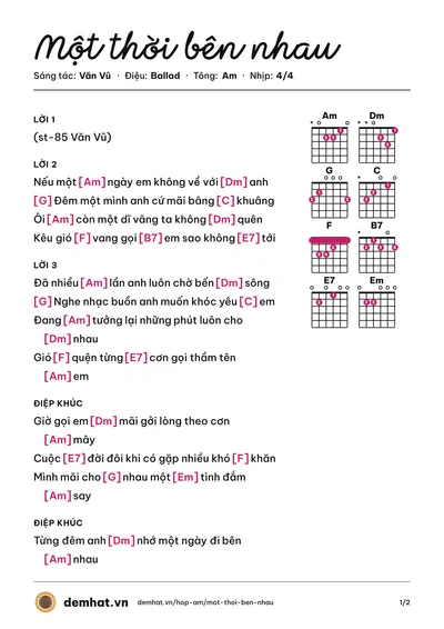 Hợp âm Một thời bên nhau (Văn Vũ) – bản nhạc PDF trang 1, tông Am