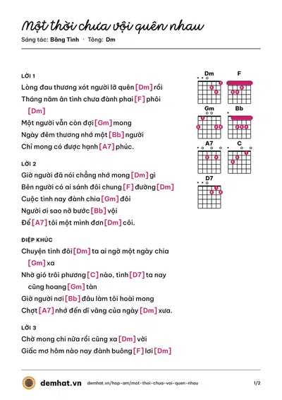 Hợp âm Một thời chưa vội quên nhau (Băng Tình) – bản nhạc PDF trang 1, tông Dm