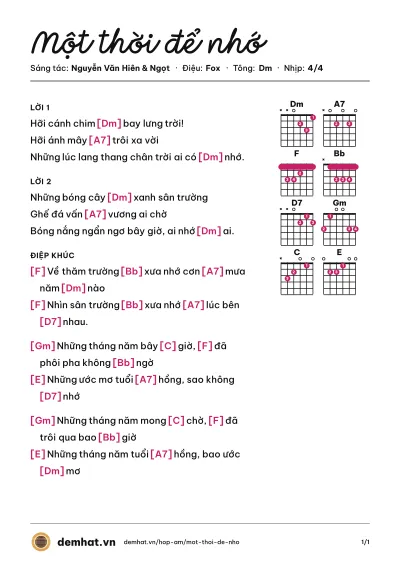 Hợp âm Một thời để nhớ (Ngọc Khánh) – bản nhạc PDF trang 1, tông Dm