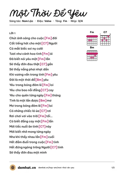 Hợp âm Một Thời Để Yêu (Vân Quỳnh) – bản nhạc PDF trang 1, tông Fm