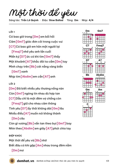 Hợp âm Một thời để yêu (Quang Dũng) – bản nhạc PDF trang 1, tông Dm