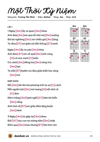 Hợp âm Một Thời Kỷ Niệm (Trương Tấn Minh) – bản nhạc PDF trang 1, tông Am