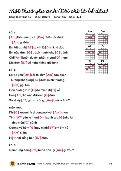 Hợp âm Một thuở yêu anh (Đời chỉ là bể dâu) (Tường Nguyên) – bản nhạc PDF trang 1, tông Am