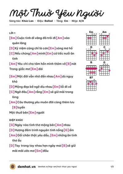 Hợp âm Một Thuở Yêu Người (Lý Hải) – bản nhạc PDF trang 1, tông Em
