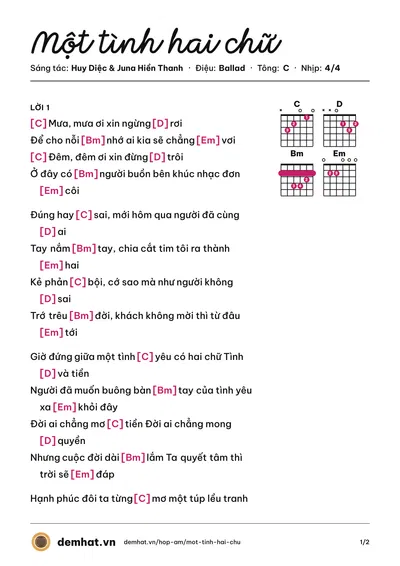 Hợp âm Một tình hai chữ (Huy Diệc) – bản nhạc PDF trang 1, tông C