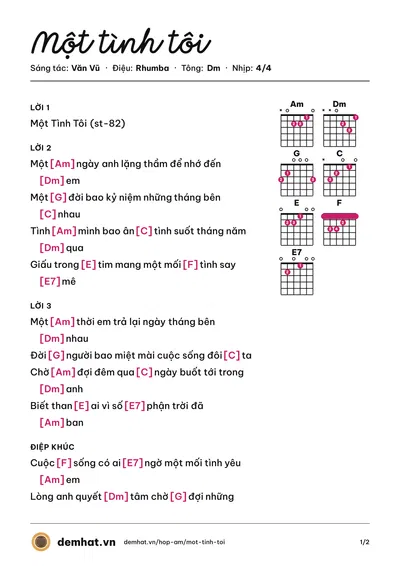Hợp âm Một tình tôi (Văn Vũ) – bản nhạc PDF trang 1, tông Dm
