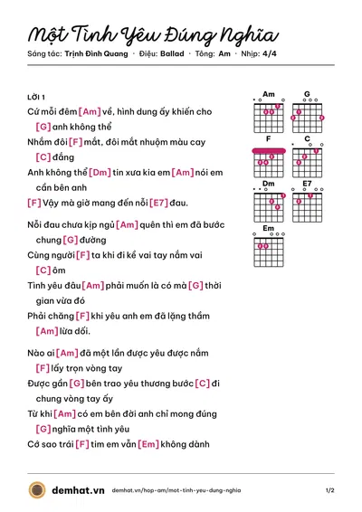 Hợp âm Một Tình Yêu Đúng Nghĩa (Hồ Quang Hiếu) – bản nhạc PDF trang 1, tông Am