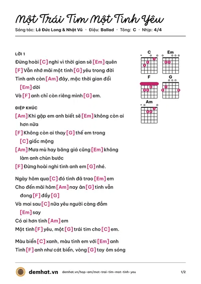 Hợp âm Một Trái Tim Một Tình Yêu (Ưng Hoàng Phúc) – bản nhạc PDF trang 1, tông C