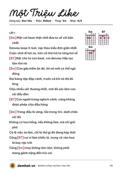 Hợp âm Một Triệu Like (Đen Vâu) – bản nhạc PDF trang 1, tông Em