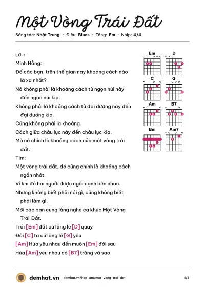 Hợp âm Một Vòng Trái Đất (Tim) – bản nhạc PDF trang 1, tông Em