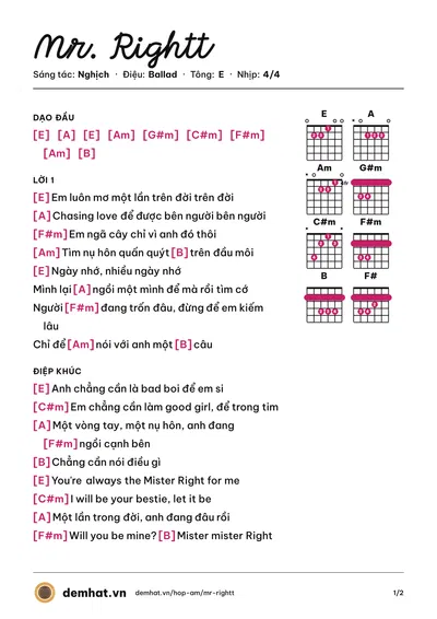 Hợp âm Mr. Rightt (Nghịch) – bản nhạc PDF trang 1, tông E