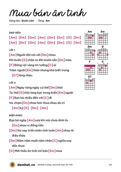 Hợp âm Mua bán ân tình (Ngọc Ánh Sáng) – bản nhạc PDF trang 1, tông Am