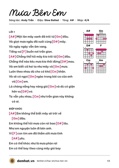 Hợp âm Mưa Bên Em (Lương Bích Hữu) – bản nhạc PDF trang 1, tông A#