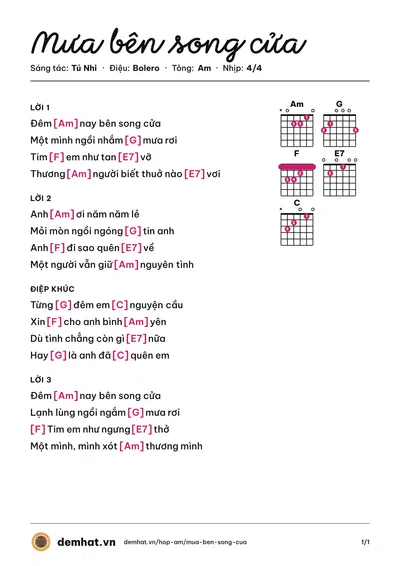 Hợp âm Mưa bên song cửa (Hương Lan) – bản nhạc PDF trang 1, tông Am