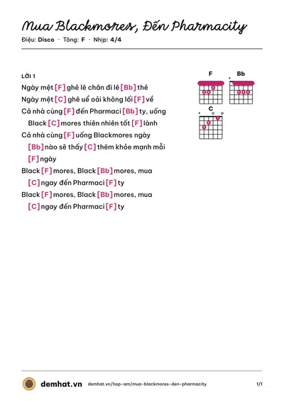 Hợp âm Mua Blackmores, Đến Pharmacity (Quân Keyboard) – bản nhạc PDF trang 1, tông F