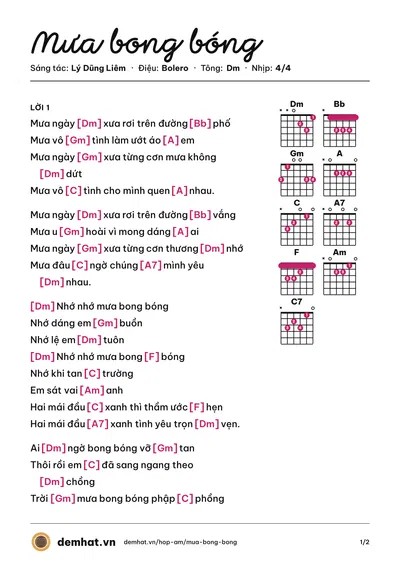 Hợp âm Mưa bong bóng (Quốc Đại) – bản nhạc PDF trang 1, tông Dm