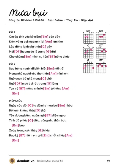 Hợp âm Mưa bụi (Chế Linh) – bản nhạc PDF trang 1, tông Em