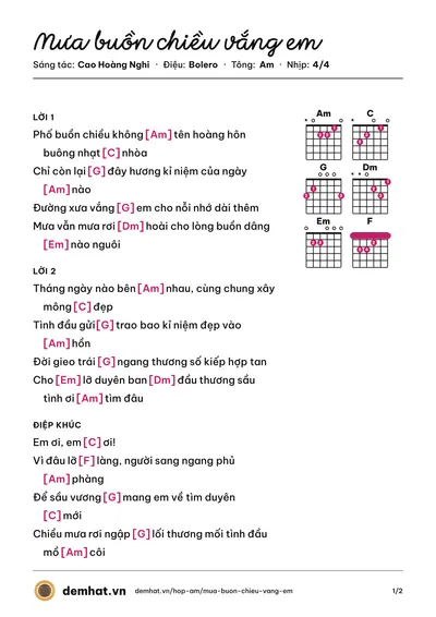 Hợp âm Mưa buồn chiều vắng em (Cao Hoàng Nghi) – bản nhạc PDF trang 1, tông Am