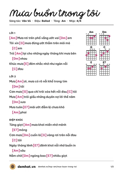 Hợp âm Mưa buồn trong tôi (Văn Vũ) – bản nhạc PDF trang 1, tông Am