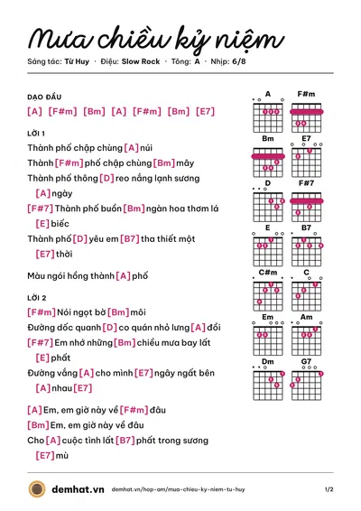Hợp âm Mưa chiều kỷ niệm (Từ Huy) – bản nhạc PDF trang 1, tông A