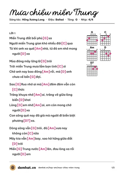 Hợp âm Mưa chiều miền Trung (Cẩm Ly) – bản nhạc PDF trang 1, tông G