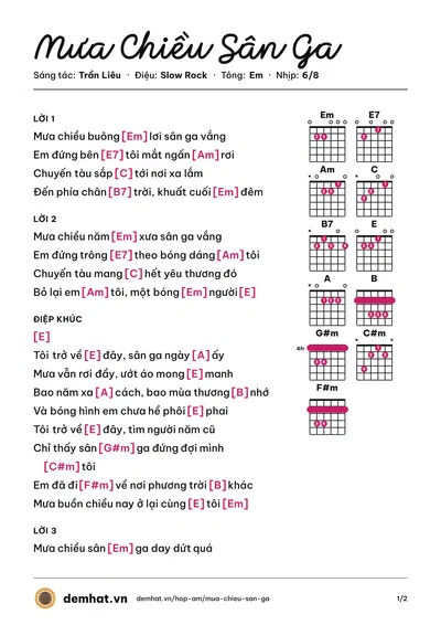 Hợp âm Mưa Chiều Sân Ga (Trần Liêu) – bản nhạc PDF trang 1, tông Em