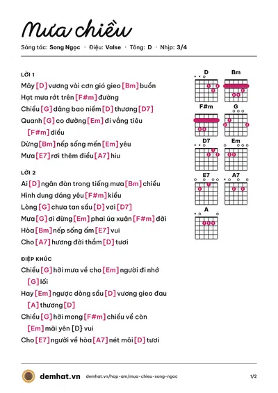 Hợp âm Mưa chiều (Song Ngọc) – bản nhạc PDF trang 1, tông D